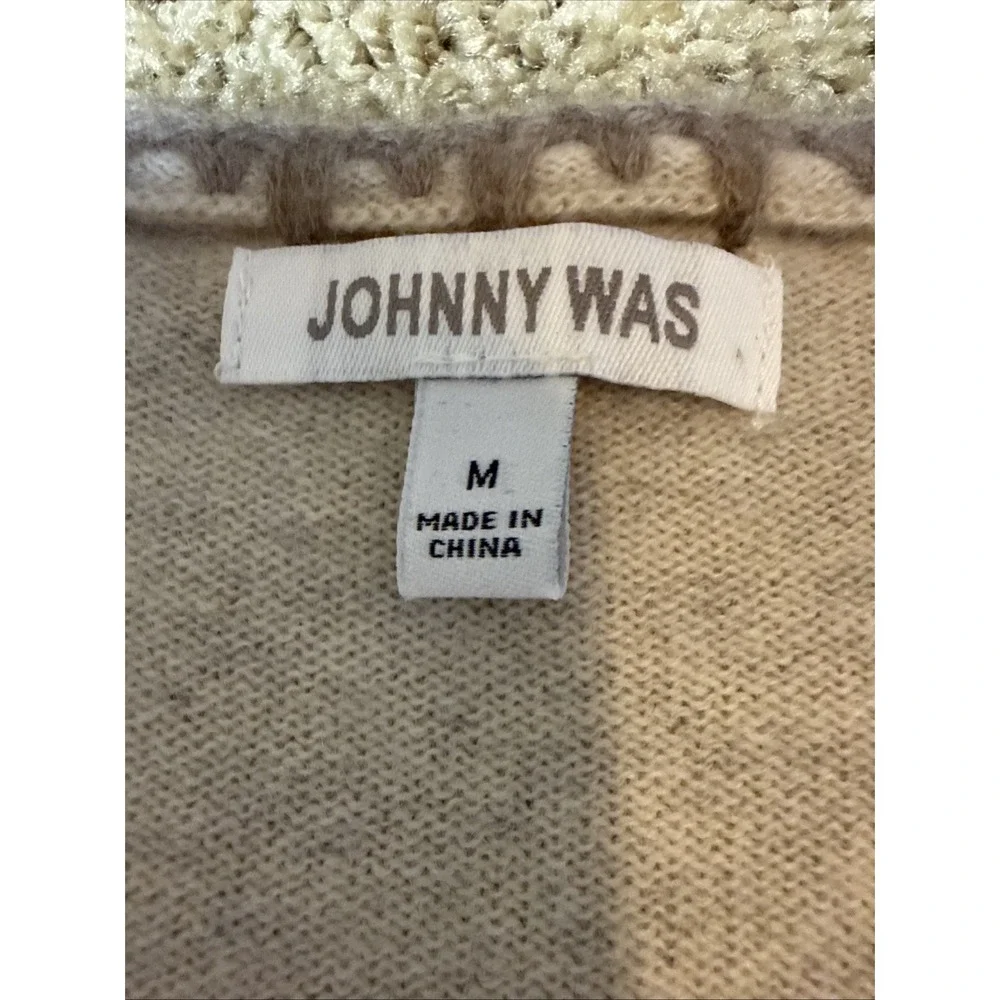 Johnny Was 100% Cashmere V-Neck Sweater Oatmeal Whipstitch Women's Medium Boho